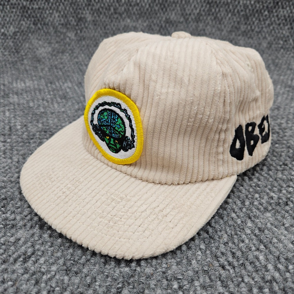 Obey Beige Corduroy Snapback Hat Streetwear Graphic Patch Skate Ball Cap
